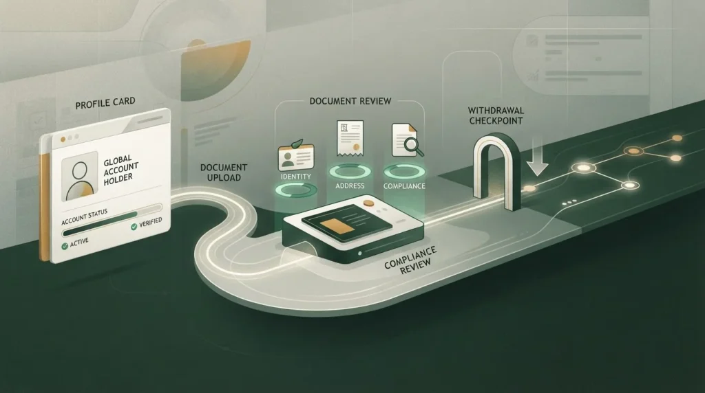 Abstract illustration of an account verification workflow with a profile card, a withdrawal checkpoint, document-review symbols and a transaction trail