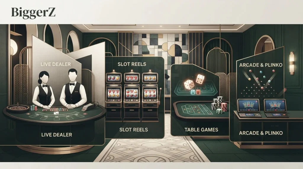 Abstract illustration of a casino lobby built from layered game-category panels, live-dealer table silhouettes, slot reels and dice and plinko geometry