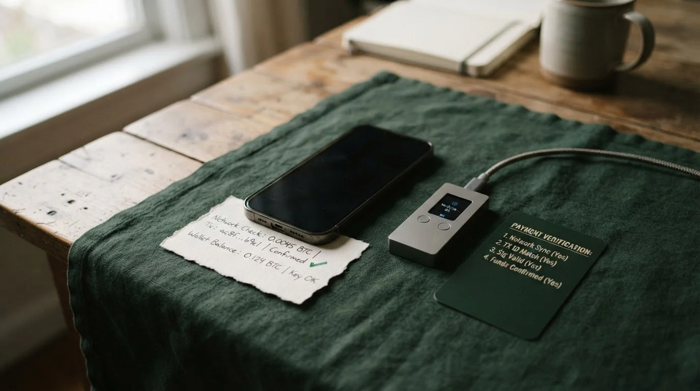 Editorial photograph of a phone beside a handwritten network-check note, a neutral wallet device and a simple checklist card