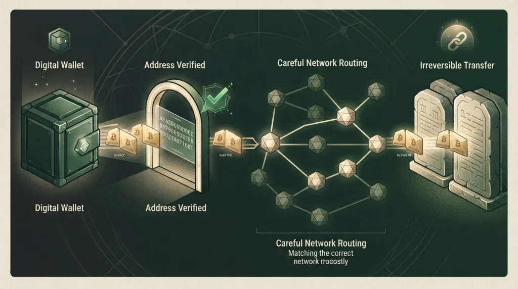 Abstract illustration of a crypto transfer workflow with a wallet, blockchain nodes, address verification and network-routing cues