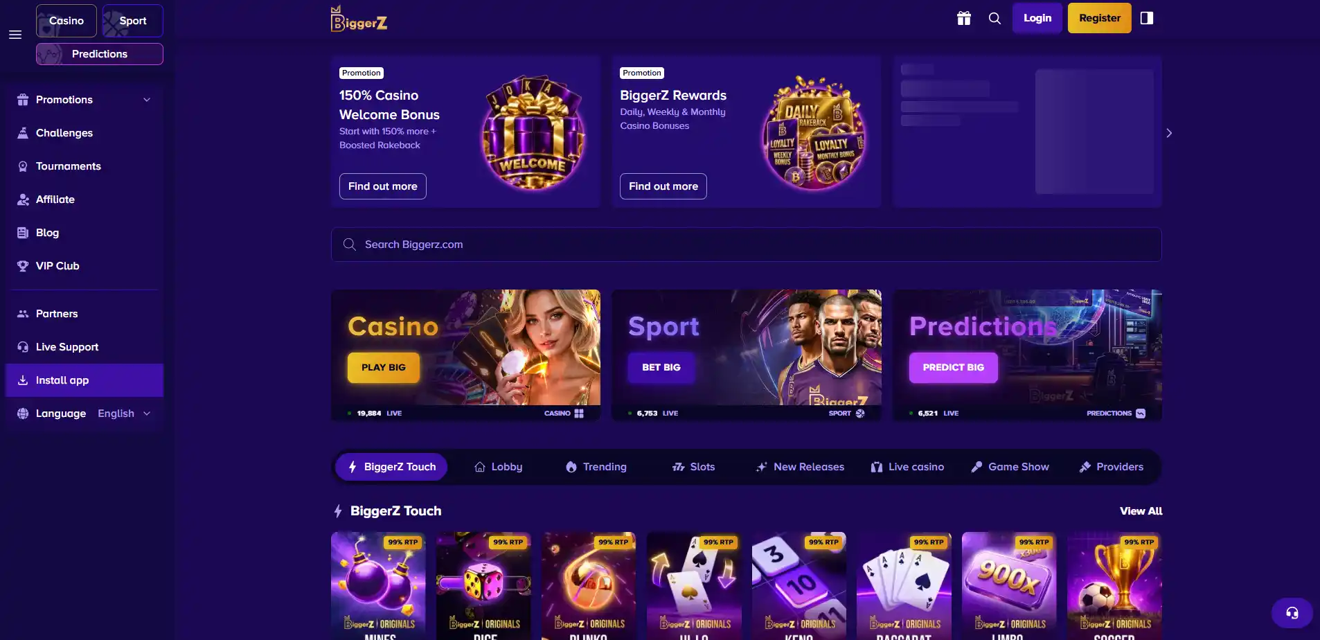 Screenshot of the public BiggerZ homepage showing the brand area and the main top navigation