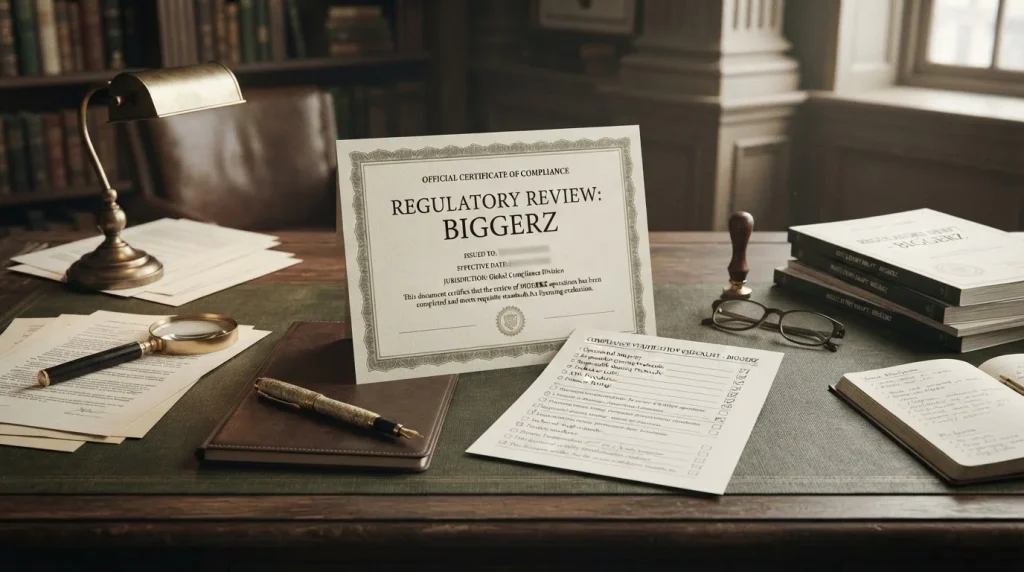Abstract illustration of a regulatory review desk with a formal certificate and a verification checklist