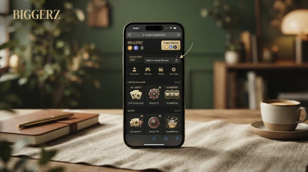 Illustration of a smartphone showing a browser-based casino interface and an installable web-app home-screen icon